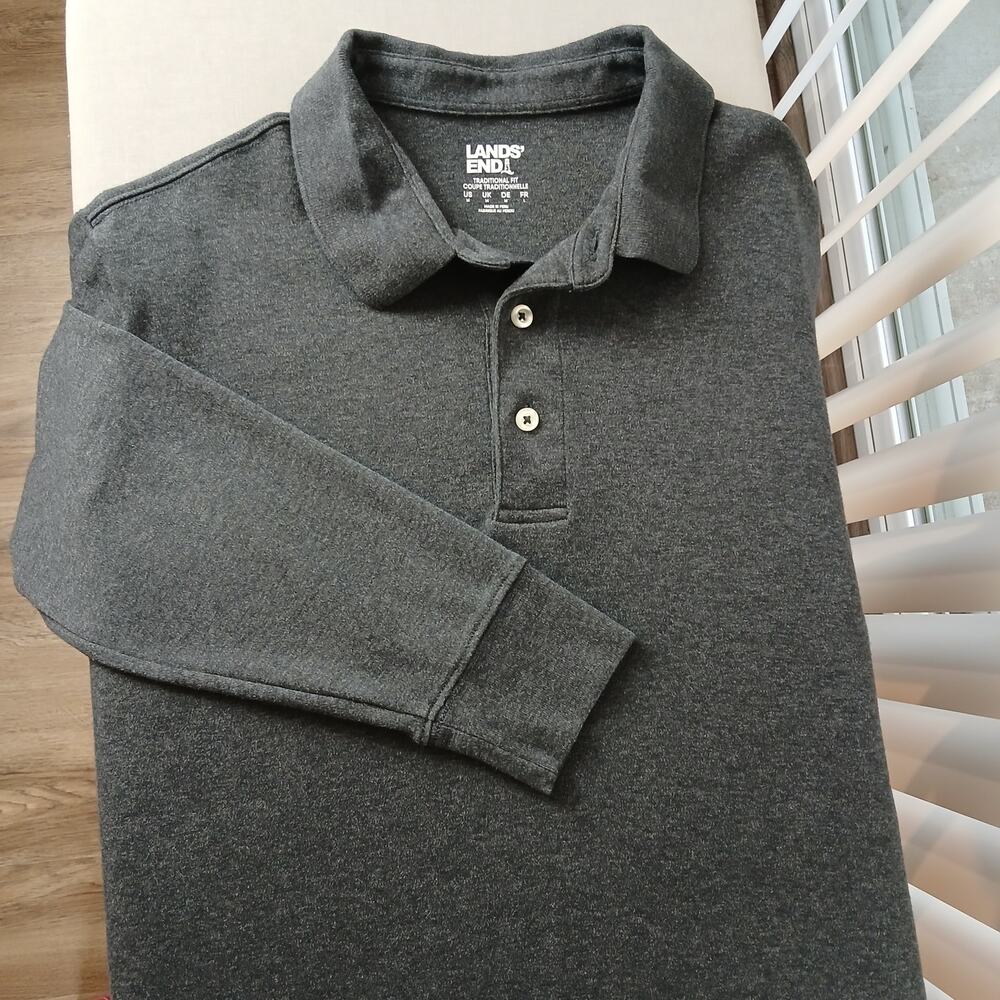 Lands End Long Sleeve Cotton Supima Polo Shirt Mens M dark gray Traditional Fit